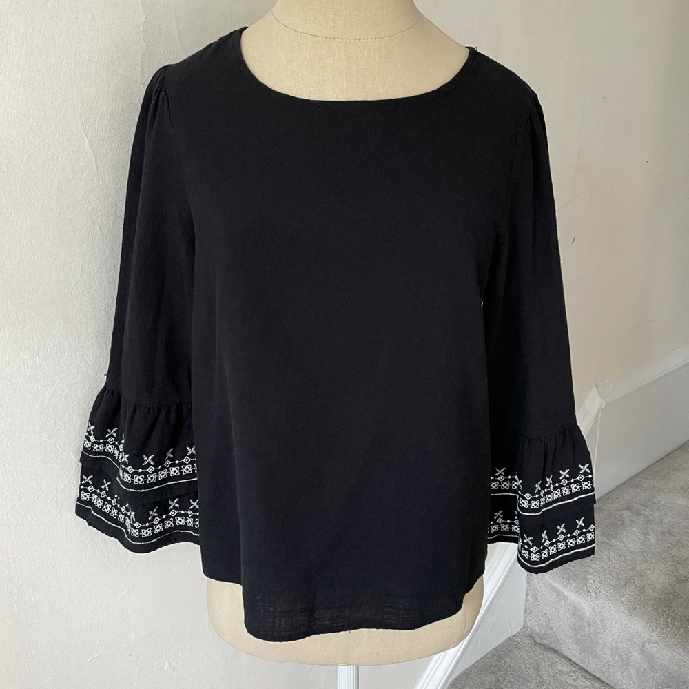 Zara Black Cotton Embroidered Bell Sleeve Blouse
